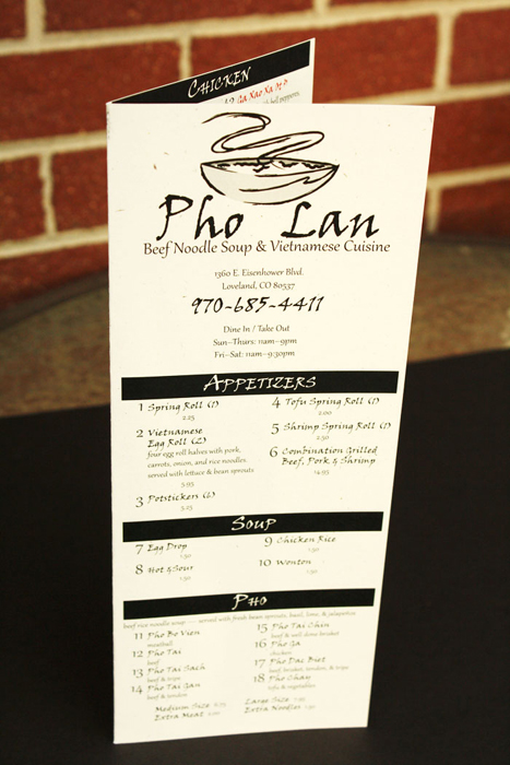 Menu for Pho Lan restaurant.
