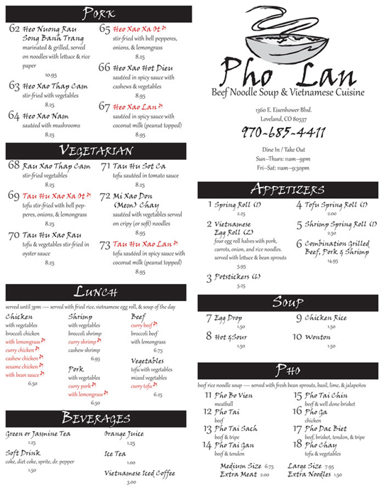 Menu layout for Pho Lan restaurant.